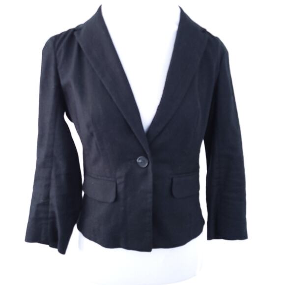 Loft One Button Blazer Linen Blend Black Size 2 Career Casual Work Jacket - Picture 1 of 6